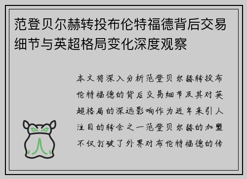 范登贝尔赫转投布伦特福德背后交易细节与英超格局变化深度观察 范登贝尔赫转投布伦特福德背后交易细节与英超格局变化深度观察